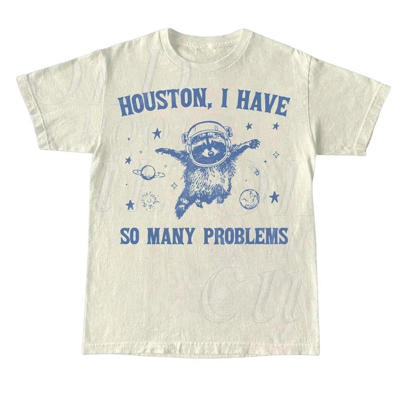 Raccoon In Space Retro 90s Graphic T-Shirt, Funny Galaxy Graphic T-shirt, Problems Gag Moon 90s Shirt, Vintage Animal Gag...