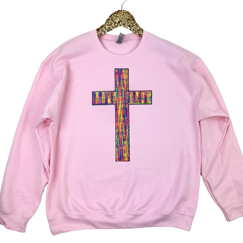 Rainbow Chenille Cross Patch Sweatshirt -- LIGHT PINK T-Shirts, Hoodie | PureTeeCo.com
