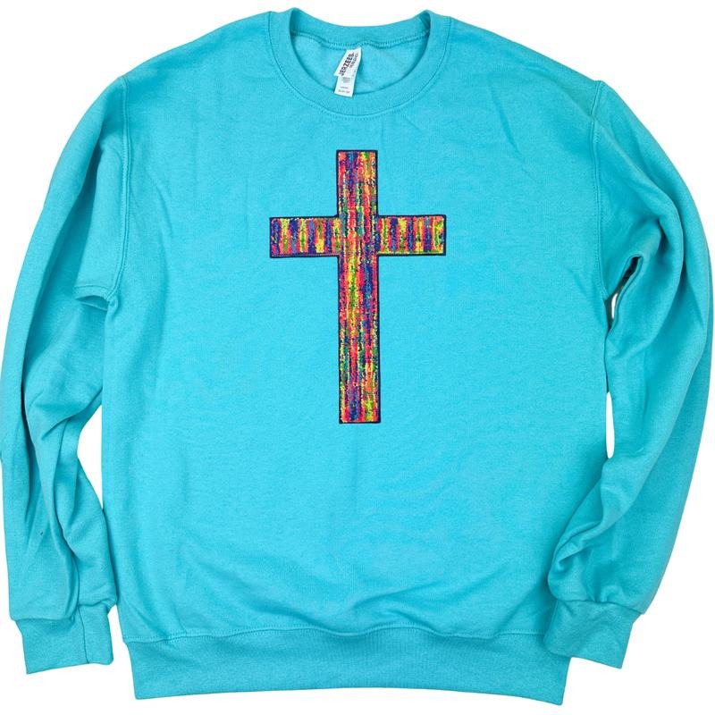 Rainbow Chenille Cross Patch Sweatshirt -- SCUBA BLUE T-Shirts, Hoodie | PureTeeCo.com