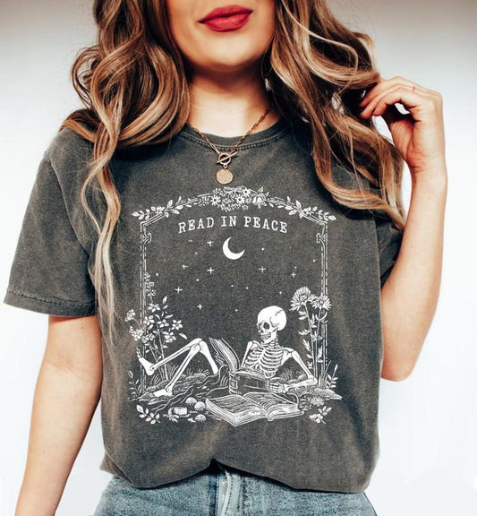 Read in Peace Shirt, Skeleton Reading Shirt, Skeleton Book Shirt, Bookish Halloween Shirt, Summerween Tee, Retro Halloween T-Shirt, Halloween Sweatshirt, Halloween Book Sweatshirt, Book Lovers Gift, Sweatshirt, Hoodie