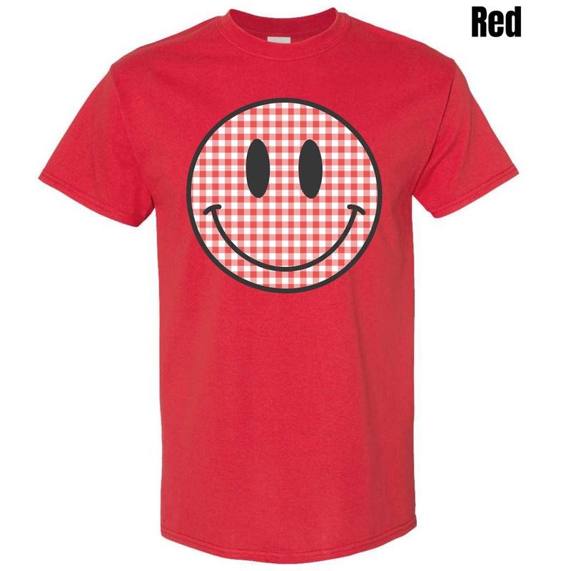 Red Gingham Happy Face Gildan Short Sleeve T-Shirt 'NLB' Hoodie, Sweatshirt | PureTeeCo.com