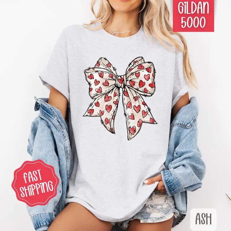 Red Heart Bow 2 Shirt Gildan, Valentine's Day Women's Tee, Holiday Women's Tshirt Plus Sizes Hoodie, Sweatshirt