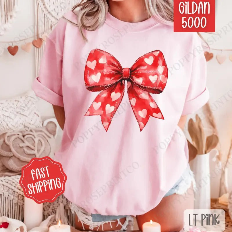 Red Heart Bow Shirt Gildan, Valentine's Day Women's Tee, Holiday Women's Tshirt Plus Sizes Hoodie, Sweatshirt | PureTeeCo.com