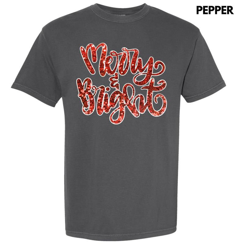 Red Merry & Bright Faux Sequin Comfort Colors T-Shirt Hoodie, Sweatshirt | PureTeeCo.com