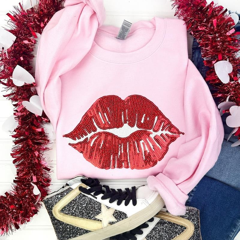 Red Sequin Lips Patch Sweatshirt -- LIGHT PINK T-Shirts, Hoodie | PureTeeCo.com