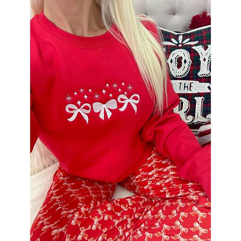 Red Sparkle Embroidered Bow Sweatshirt T-Shirts, Hoodie | PureTeeCo.com