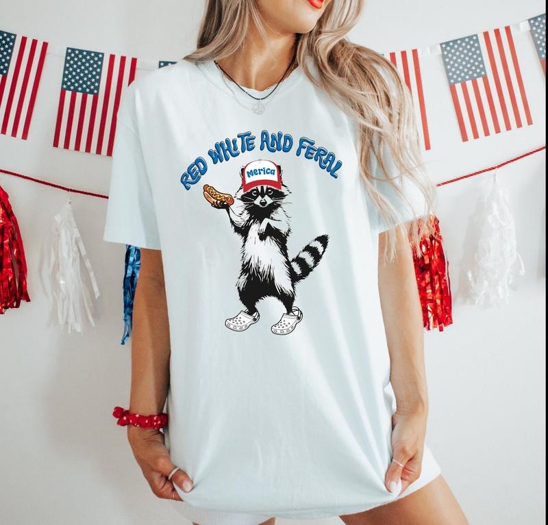 Red White And Feral 4th Of July Shirt, Funny USA Shirt, Funny Raccoon 4th Of July Shirt, Independence Day, Feral Hotdog...