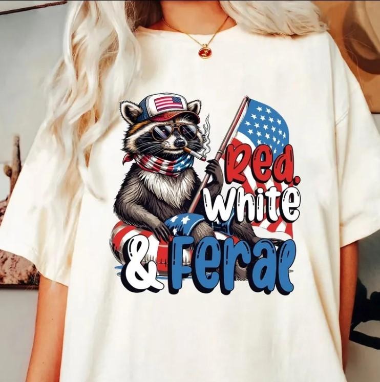 Red White And Feral Funny USA Shirt, Funny Raccoon Shirt Hoodie, Sweatshirt | PureTeeCo.com
