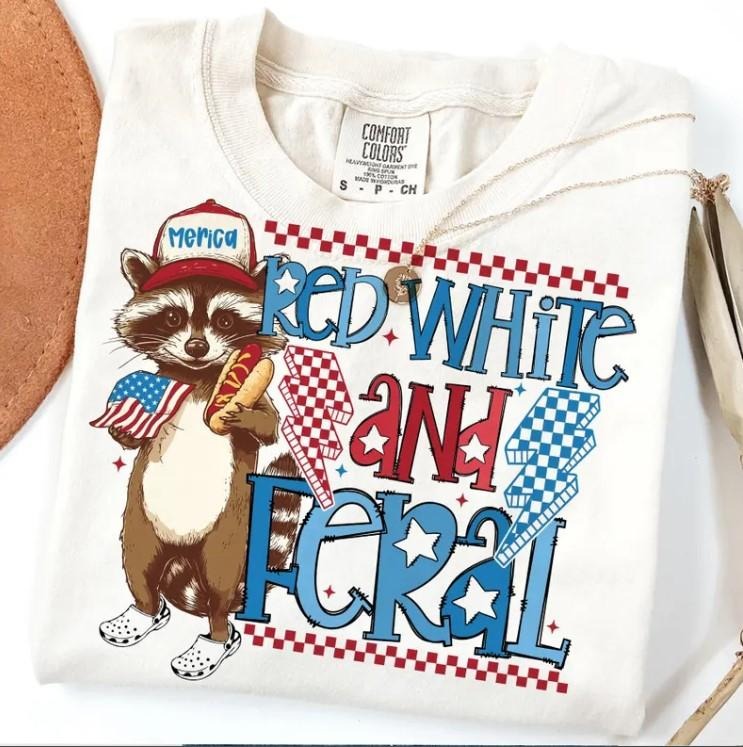 Red White And Feral Tee, Funny Raccoon Shirt Hoodie, Sweatshirt | PureTeeCo.com