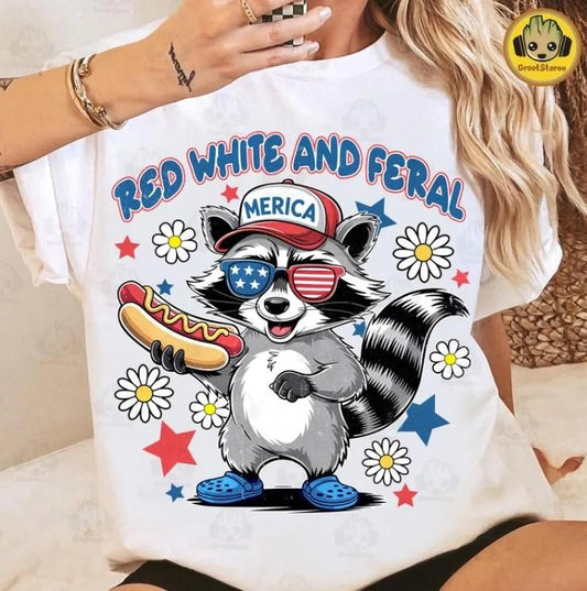 Red White And Feral , 4th Of July shirt Funny Raccoon Hot Dog
