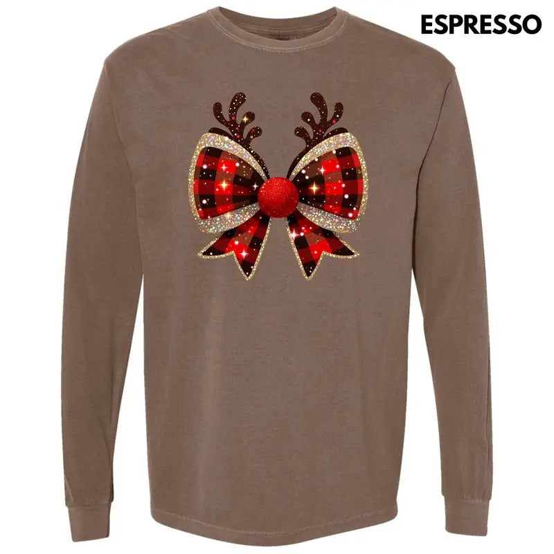 Reindeer FAKE Glitter Plaid Bow Long Sleeve Comfort Colors T-Shirt 'NLB' Hoodie, Sweatshirt | PureTeeCo.com