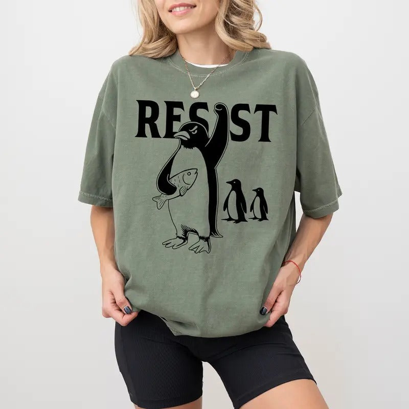 Resist Penguin Activism Comfort Colors Shirt, Funny Penguins Against Tariffs T-shirt, Resistance Message Graphic Tee,...