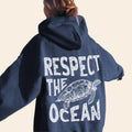 Respect The Ocean Hoodie Turtle Sweatshirt Oversized Beach Hoodie Surf Style Carolina Blue Hoodie Words on Back Eco...