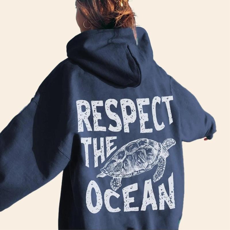 Respect The Ocean Hoodie Turtle Sweatshirt Oversized Beach Hoodie Surf Style Carolina Blue Hoodie Words on Back Eco...