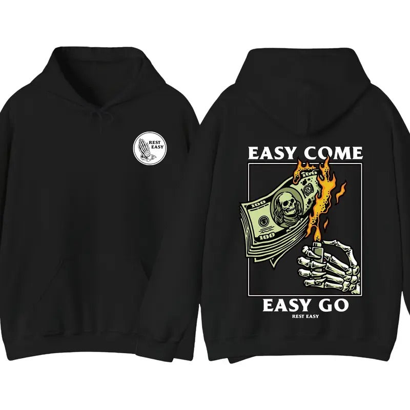 Rest Easy Hoodie - Easy Come Easy Go Skeleton Design, Graphic Hoodie Menswear, Ideal for Casual Wear T-Shirts, Sweatshirt