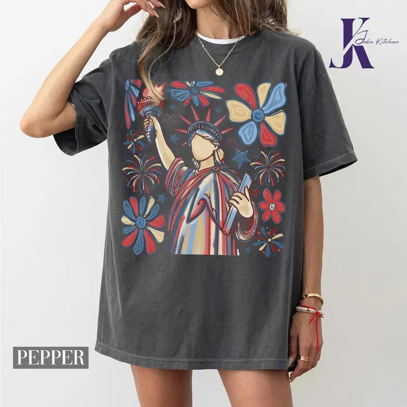 Retro 4th July Statue of Liberty, 4th July Shirt, America USA Tee, America 4th July, Boho Floral 4th Of July, USA Flag,...