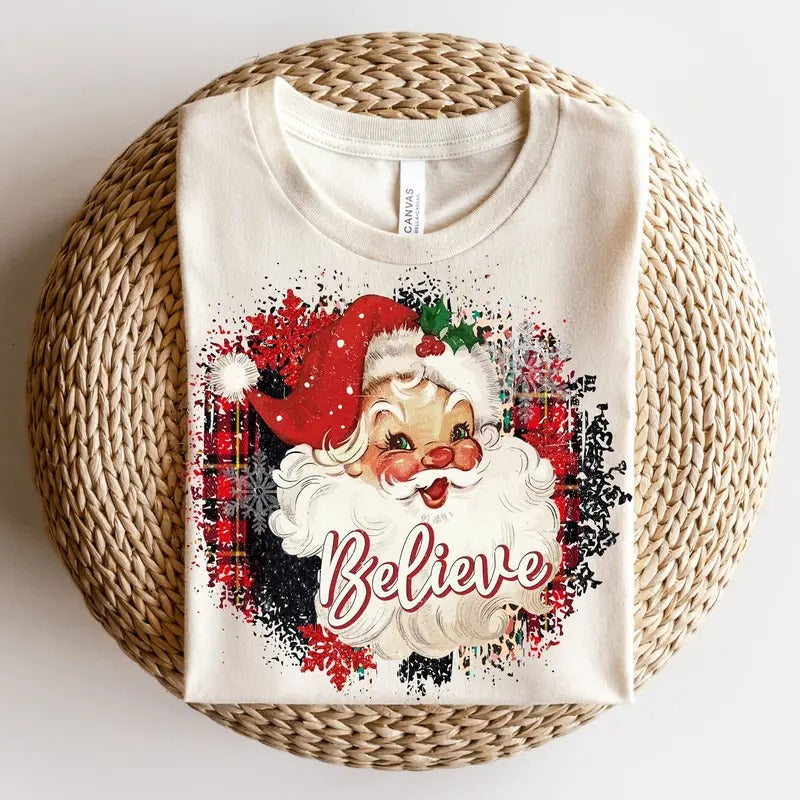 Retro Believe Santa Sweatshirt - Classic Holiday Clothing, Unisex Cotton Crewneck T-Shirts, Hoodie | PureTeeCo.com