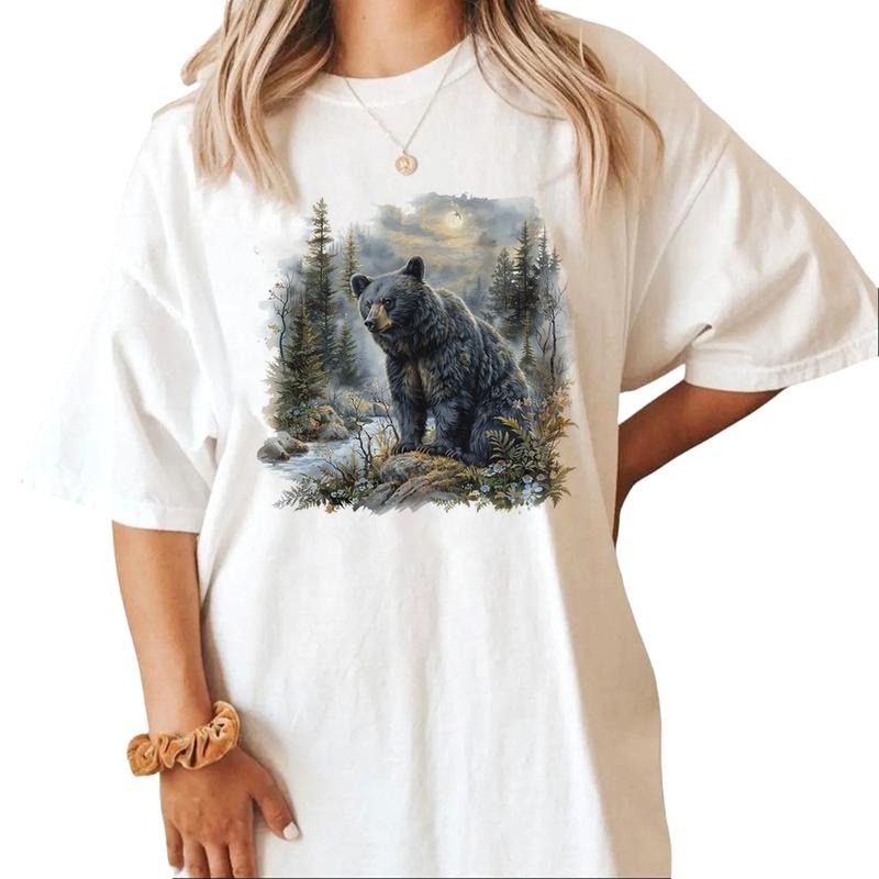 Retro Black Bear and Mountain Forest Unisex Hoodie Sweatshirts Hunting Season & National Hunting Day 1 Cotton Top T-Shirts