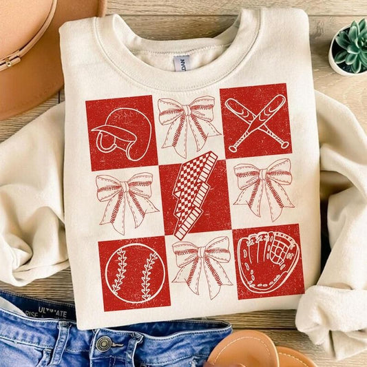 Retro Checkered Baseball Coquette , Game Day Bow , Baseball Mama , Game Day Sweatshirt Crewneck Classic