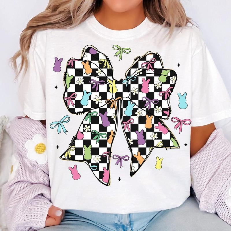 Retro Checkered Easter Coquette Bow T-Shirt, Easter T-Shirt, Easter Bow T-Shirt, Easter Bunny T-Shirt, Spring T-Shirt,...