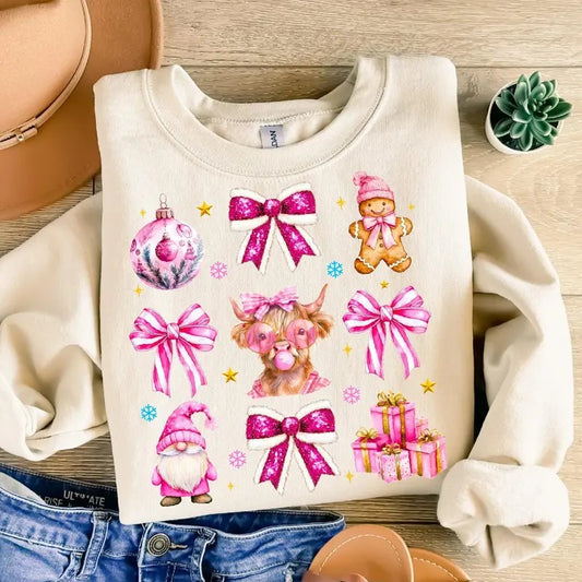 Retro Christmas Shirt, Xmas Coquette Bow Shirt, Bow and Gift for Christmas, Cute Santa Tee, Cute Christmas Gift, Coquette  Women's Xmas Sweatshirt
