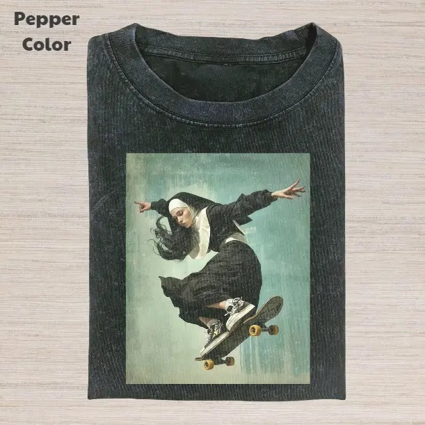 Retro Funny Vintage Graphic Tee, Nun Skateboarding T-Shirt, Unisex Meme Cringe Funny Dumb Shirt, Menswear Womenswear...