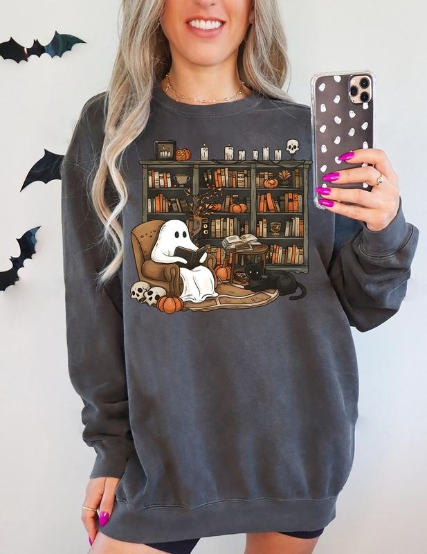 Retro Ghost Book Sweatshirt, Bookish Halloween Shirt, Vintage Book Lover Sweatshirt, Ghost Reading Book Shirt, Black Cat...