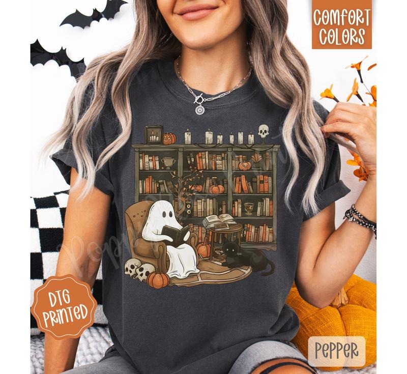 Retro Ghost Reading Books Shirt, Trendy Women's Halloween Tee Hoodie, Sweatshirt | PureTeeCo.com