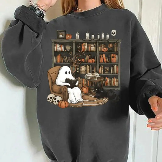 Retro Ghost Reading Books Sweatshirt, Librarian Ghost Halloween Sweatshirt, Halloween Teacher Sweatshirt, Halloween Bookish Shirt, Ghost Book Shirt, Teacher Gift