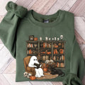 Retro Ghost Reading Books Sweatshirt, Librarian Ghost Halloween, Halloween Teacher Sweatshirt Cotton Sweaters T-Shirts,...