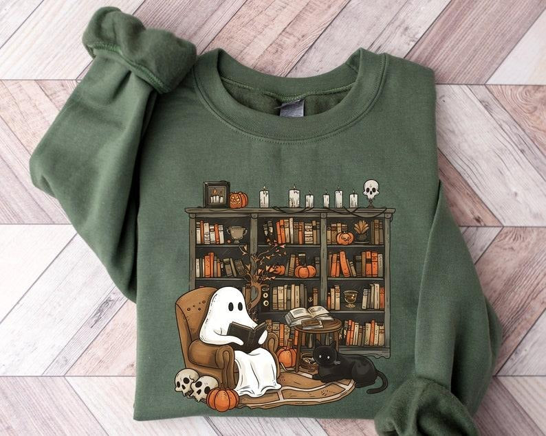 Retro Ghost Reading Books Sweatshirt, Librarian Ghost Halloween, Halloween Teacher Sweatshirt, Halloween Shirt, Teacher...
