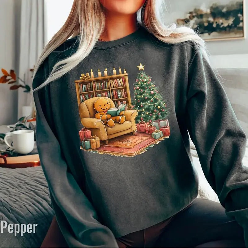 Retro Gingerbread Reading Books Sweatshirt, Christmas Bookish Shirt, Booktokk Sweatshirt, Librarian Gingerbread Man...