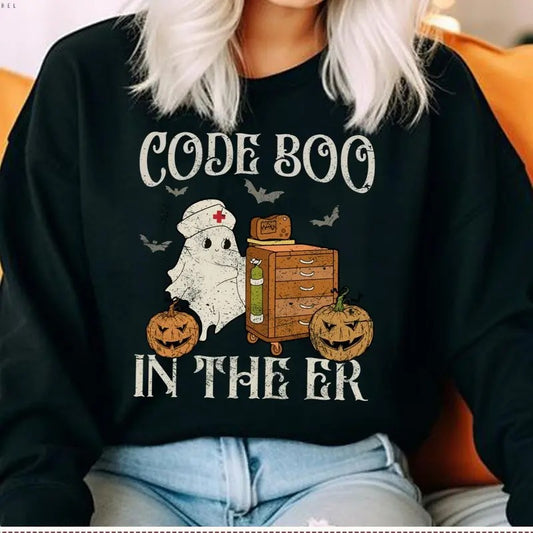 Retro Halloween Code Boo In The ER Nurse Shirt, Halloween Horror ER T-Shirt, Funny Halloween Emergency Gift for Nursing Student, Unisex Shirt, Full Size, Full Color