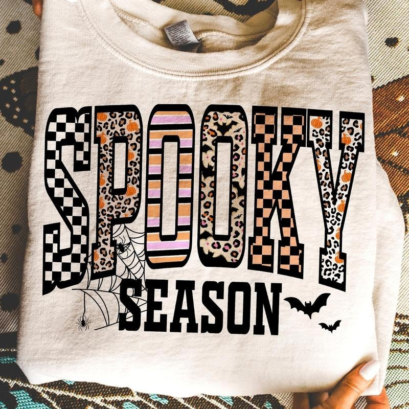 Retro Halloween Spooky Coquette Sweatshirt, Halloween Leopard Checkered Fall Pullover, Spooky Season Crewneck, Halloween...