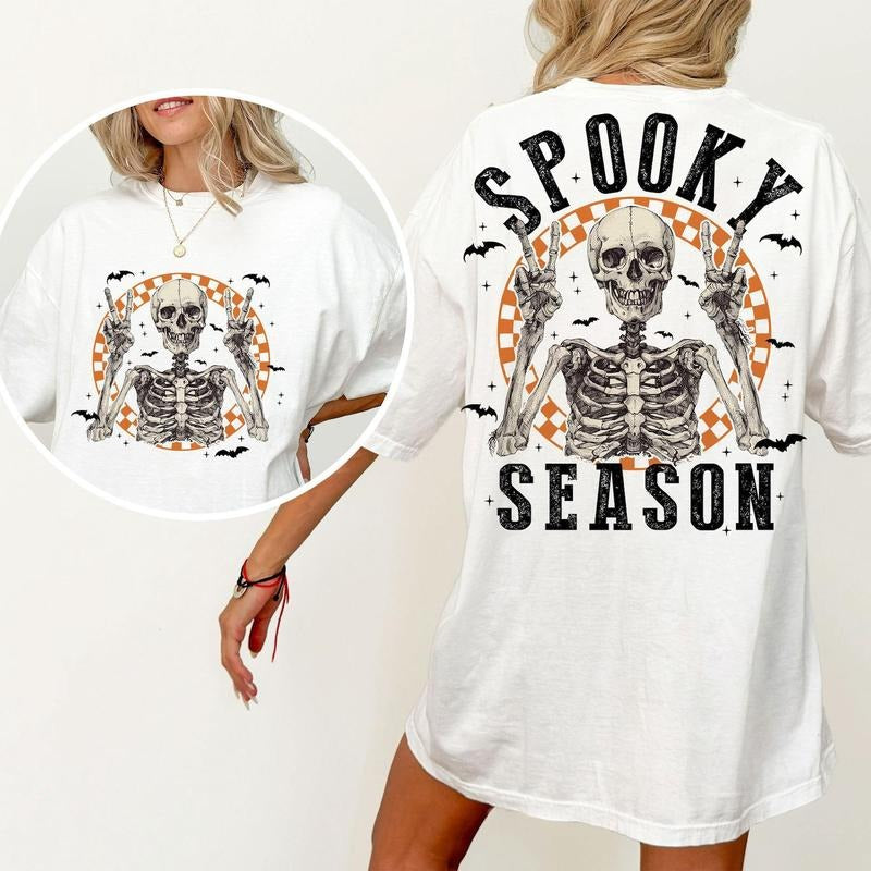 Retro Halloween Spooky Season 2 Sides Shirt, Halloween Skeleton Trendy Shirt, Fall Vibes Shirt, Spooky Season Sweatshirt...