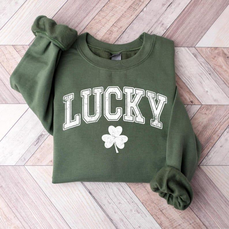 Retro Lucky Sweatshirt, Cute St Patricks Day Sweatshirt, Womens Shamrock Sweatshirt, Irish Shirt, Four Leaf Clover, St...