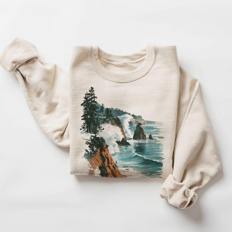 Retro Oregon Coast Winter Cliffs and Waves Sweatshirt - Tshirt 90s Vintage Vacation Sea Coastline