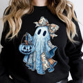 Retro Patchwork Ghost Halloween Sweatshirt, Cute Coquette Boo Pullover, Spooky Season Fall Pumpkin Crewneck T-Shirts, Hoodie
