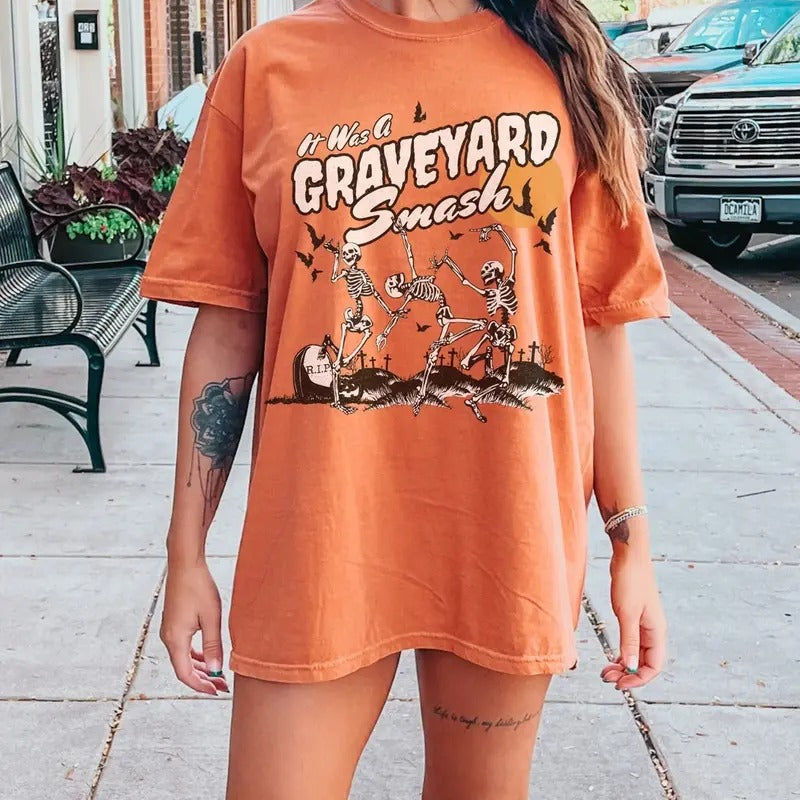 Retro Skeleton Halloween Comfort Colors Tshirt, Trendy Fall Tee, Spooky Season, Graveyard Smash Shirt, Vintage Style...