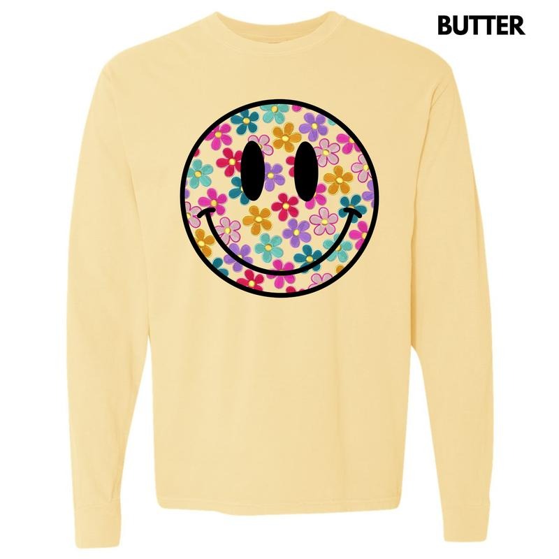 Retro Smiles & Flowers Long Sleeve Comfort Colors T-Shirt 'NLB' Hoodie, Sweatshirt | PureTeeCo.com