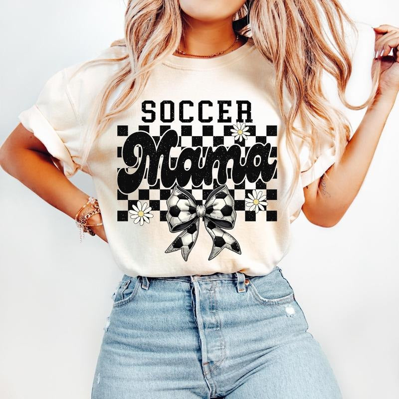 Retro Soccer Mama Checkered T-Shirt, Soccer T-Shirt, Soccer Mom, Game Day T-Shirt, Checkered Mama, Soccer Bow, Soccer...
