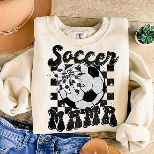 Retro Soccer Mama Coquette , Soccer , Game Day Soccer , Soccer Bow , Soccer Mom , Checkered Soccer Shirt Sweatshirt
