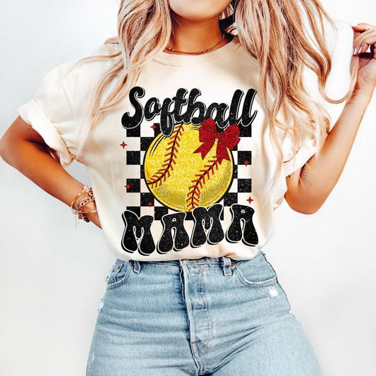 Retro Softball Mama Coquette,Softball, Softball Coquette, Game Day, Softball Mom, Checkered Softball Bow Tshirt