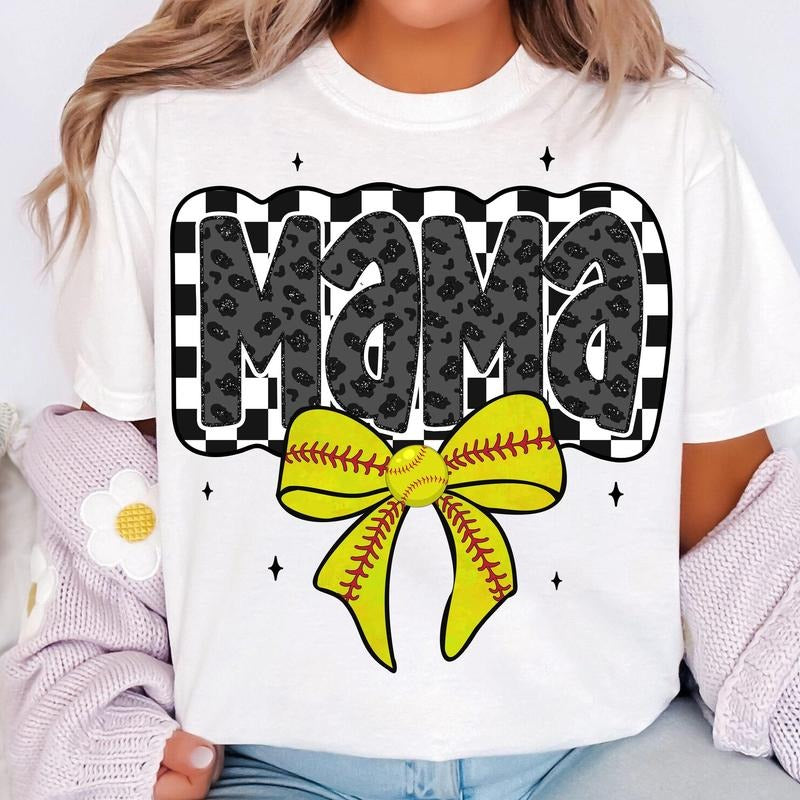Retro Softball Mama T-Shirt, Softball Mama T-Shirt, Softball Coquette T-Shirt, Game Day Softball Bow T-Shirt, Checker...