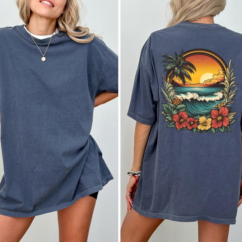 Retro Sunset Beach Vibes Comfort Colors Shirt, Traditional Floral Beach T-shirt, Summer Vibes Graphic Tee, Beach Lover...