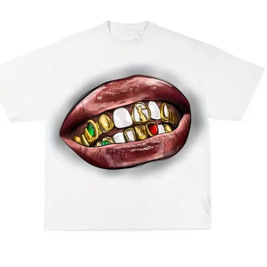 Retro Y2K Cotton T-Shirt with Bold Golden Teeth Graphic - Short Sleeve Streetwear, Casual Crew Neck Tee, Menswear Womenswear Top