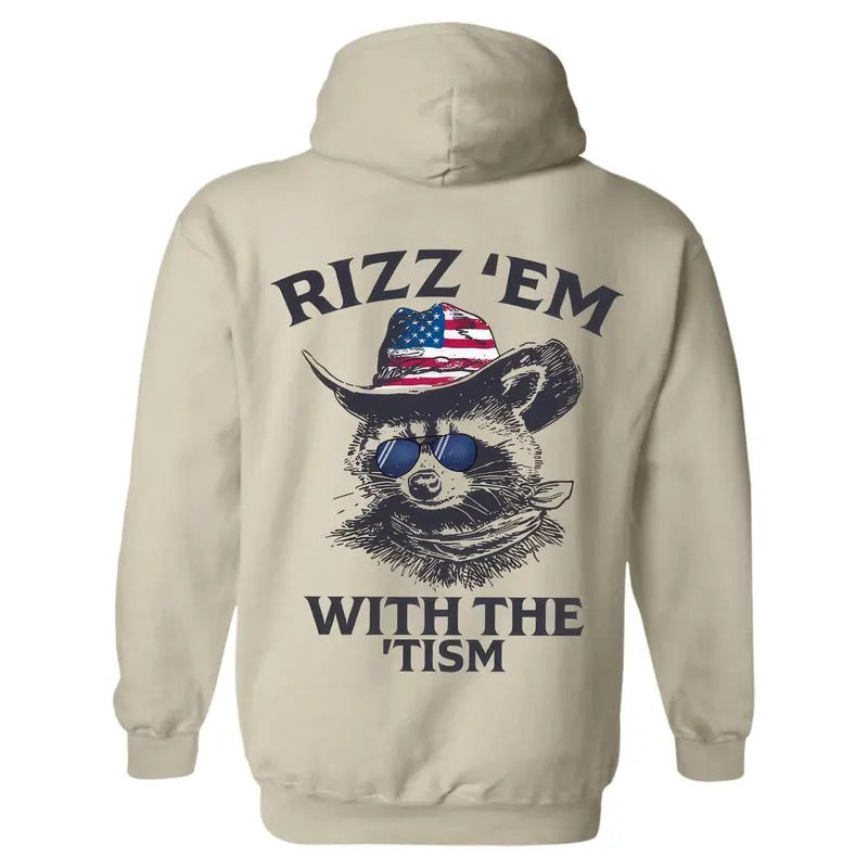 Rizz 'Em With The 'Tism Hoodie - American Cowboy Raccoon, Bringing a Fun Style, Perfect for Outdoor Parties and Casual...