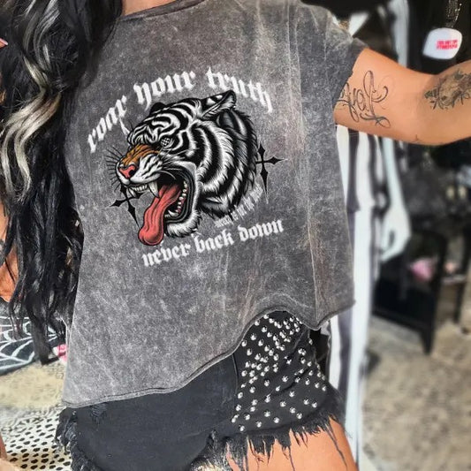 'Roar Your Truth, Never Back Down' Light Grey Mineral Wash & Red - Black Tie Dye Crewneck Sweatshirt, T Shirt Aesthetic Pullover | Punk Rocker Style