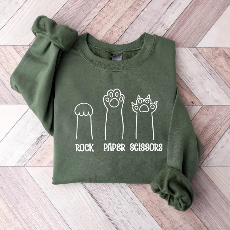 Rock Paper Scissors Sweatshirt Funny Cat Paw Shirt Unisex Crewneck Shirt For Cat Lover Cat Owner Shirt Cat Paws Shirts...
