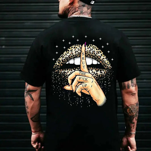 [S-5XL] "Shut Up Leopard Lips" Black Print T-Shirt, Motorcycle Shirt, Graphic Print, Streetwear Fashion